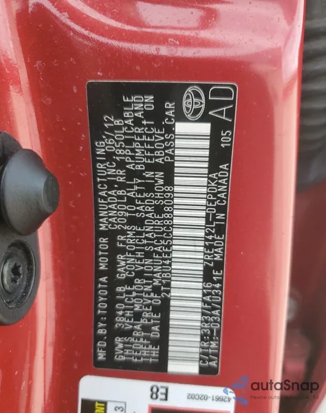 2012 Toyota Corolla Base z USA, uszkodzony, nr VIN 2T1BU4EE5CC888098